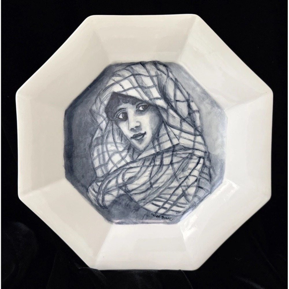 VTG Original Art Hand Painted Signed Portrait Cabinet Plate Octagonal Woman 10"